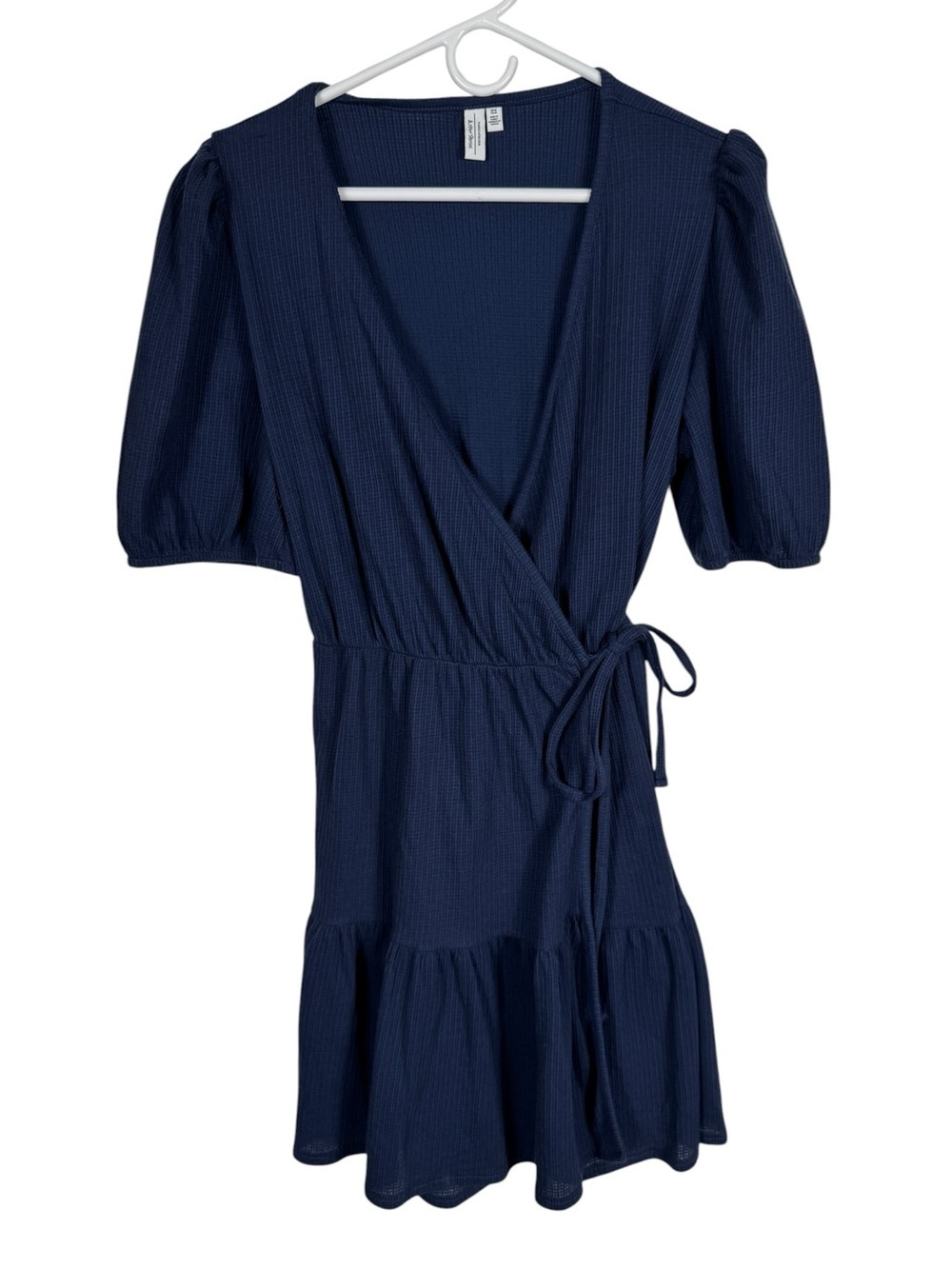 & Other Stories Navy Blue Wrap Dress Puff Sleeve Textured Mini, Size M